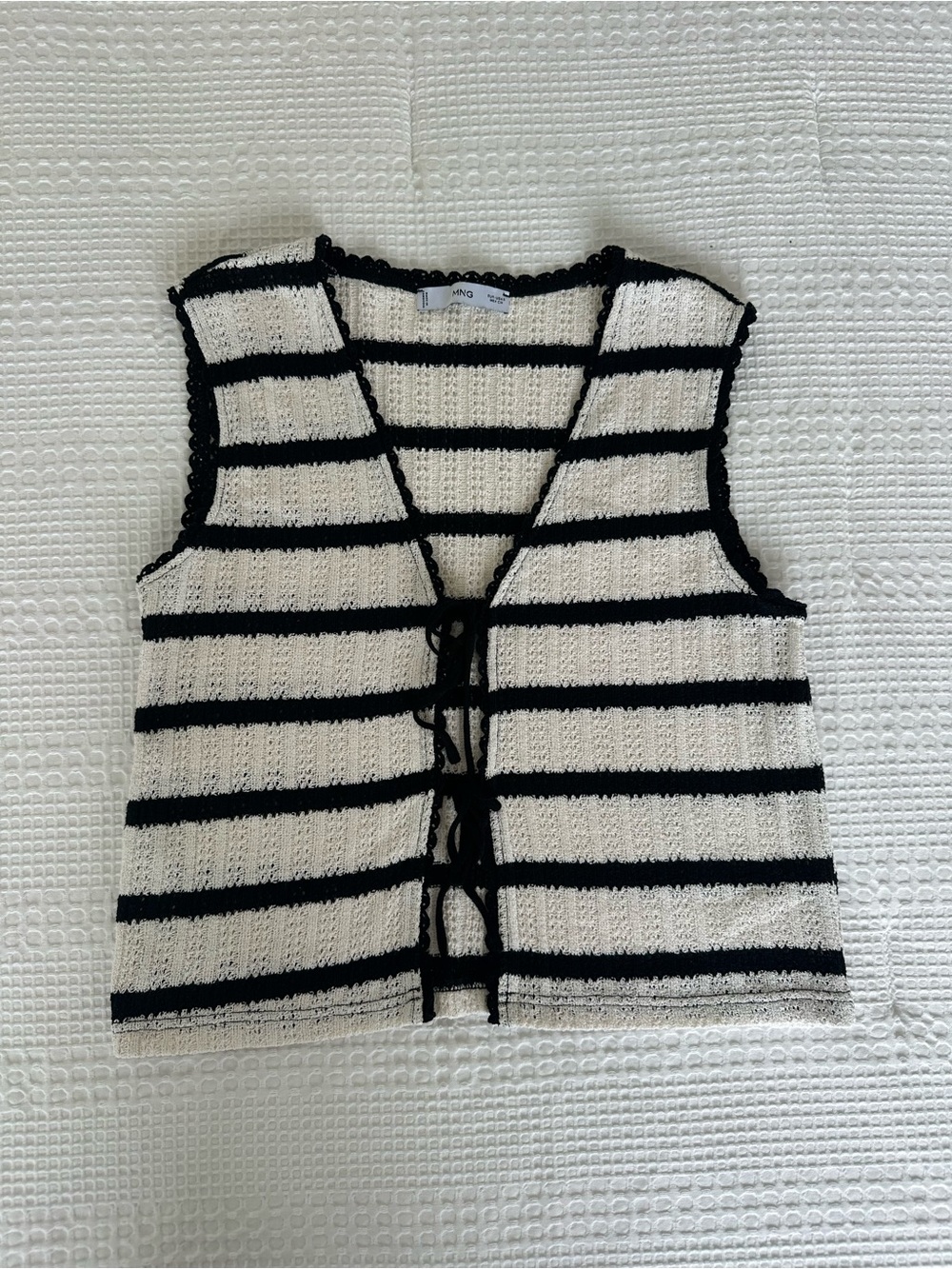 Mango MNG Striped Knit Tie Front Vest Black Cream Size S